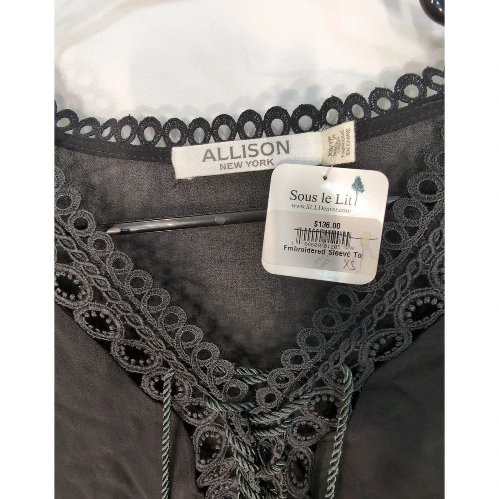 Allison New York Black Embroidered Sleeve Lace Up Tassel Top XS NWT